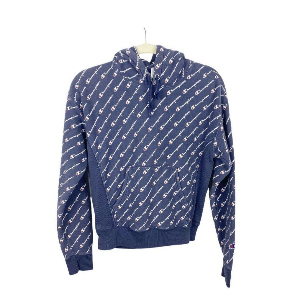 Champion Reverse Weave All-Over Graphic Hoodie Pullover Sweatshirt Size XS Blue - Picture 2 of 8